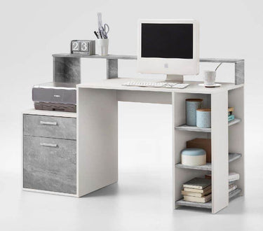 Sansa White and Grey Desk with Hutch: Modern Home Office Workstation with Storage - UK Luxury Furniture